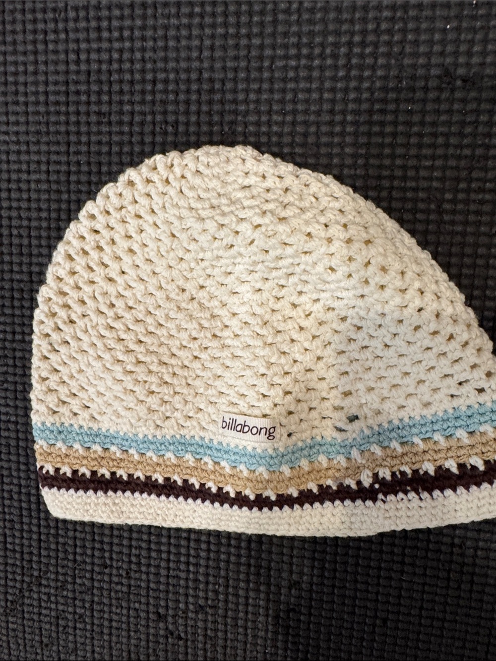 Billabong Kids Cream Crochet Beanie with Blue, Brown & Tan Stripes